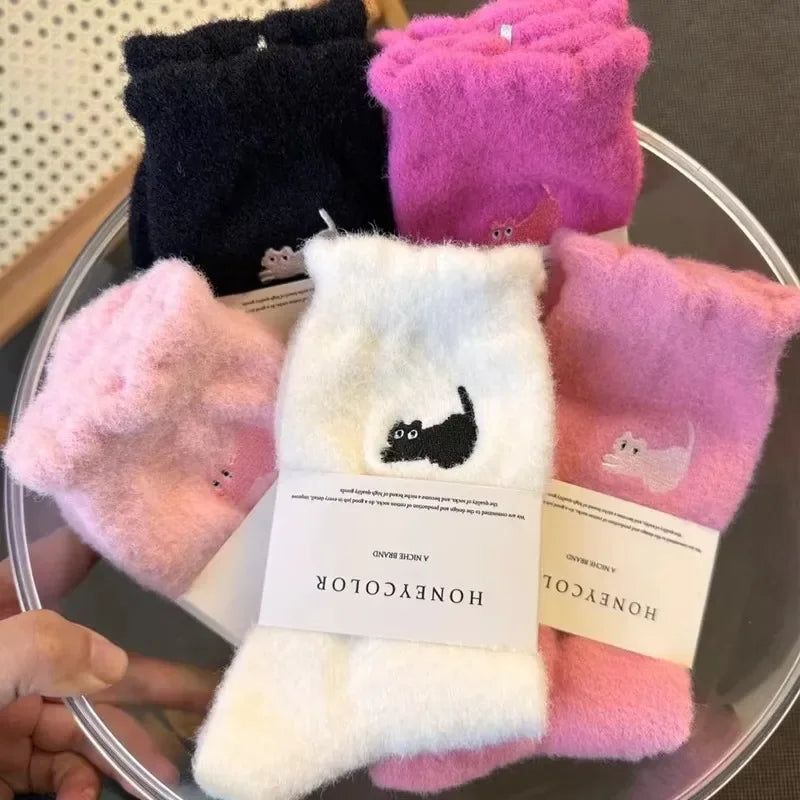 3Pairs Premium Feel Cute Cat Cozy Hairy Mink Velvet Socks Autumn Winter Hosiery Thickened Plush Warm Sleep Home Fluffy Socks Purest Peak