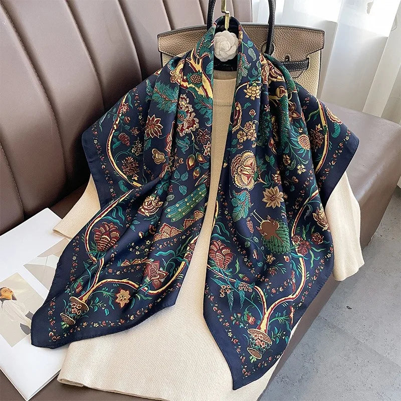 90*90Cm Square Scarf Twill Silk Feeling Women Head Shawls and Wraps Luxury Hair Tree Print Neck Scarves Hijab Bandana Pashmina Quick Pick Grocers