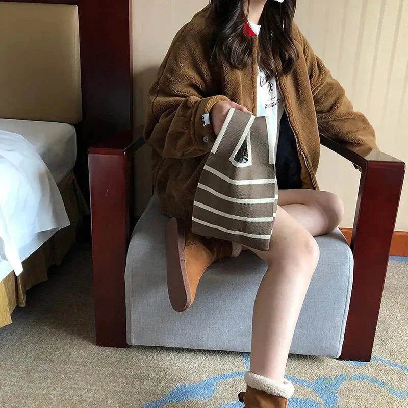 Women Handmade Knitted Small Handbag Casual Wrist Bag Wide Stripe Stripe Shopper Mini Tote Student Reusable Shoulder Bag Econic Blanks