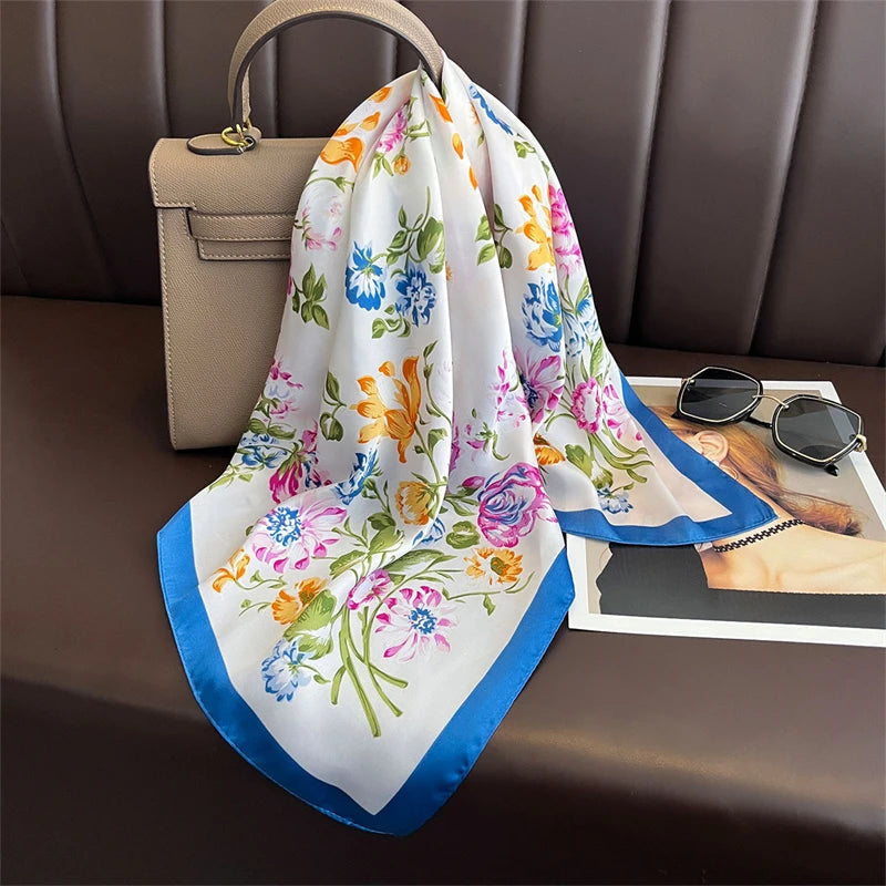 Bohemian Style Print Luxury Brand Silk Square Scarf Women Satin Shawls Neckerchief Wrap Scarves Bandana Hair Hjiab Floral Quick Pick Grocers