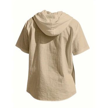 Cotton Linen Shirt for Men Hooded Short Sleeve Solid Color Breathable Lightweight Drawstring Design Shirts Casual Basic Tees Quick Pick Grocers