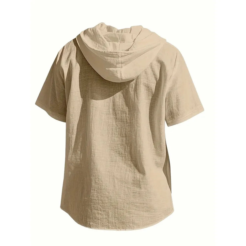 Cotton Linen Shirt for Men Hooded Short Sleeve Solid Color Breathable Lightweight Drawstring Design Shirts Casual Basic Tees Quick Pick Grocers