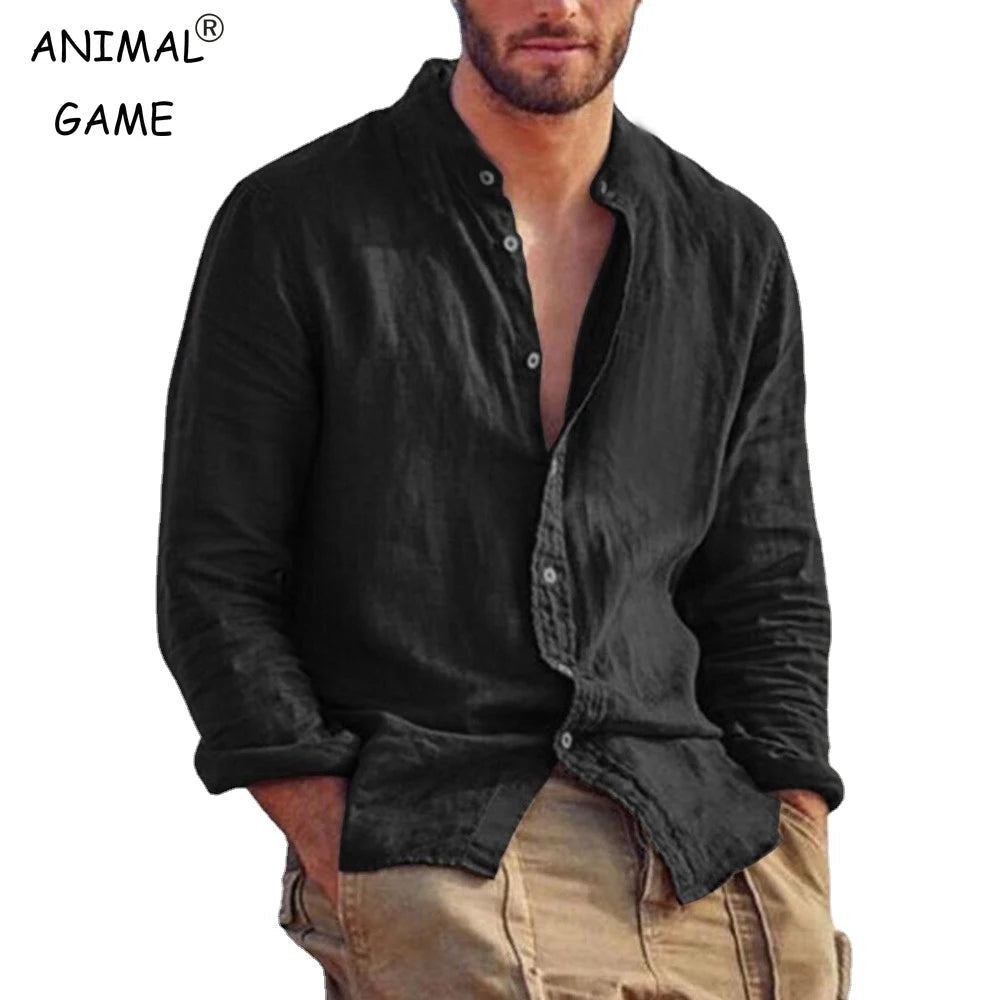 Sweatwear Men's Long Sleeve Shirt Linen Solid Color Shirts Trend Stand Collar Casual Lightweight Breathable Tops Hawaiian Shirt Quick Pick Grocers