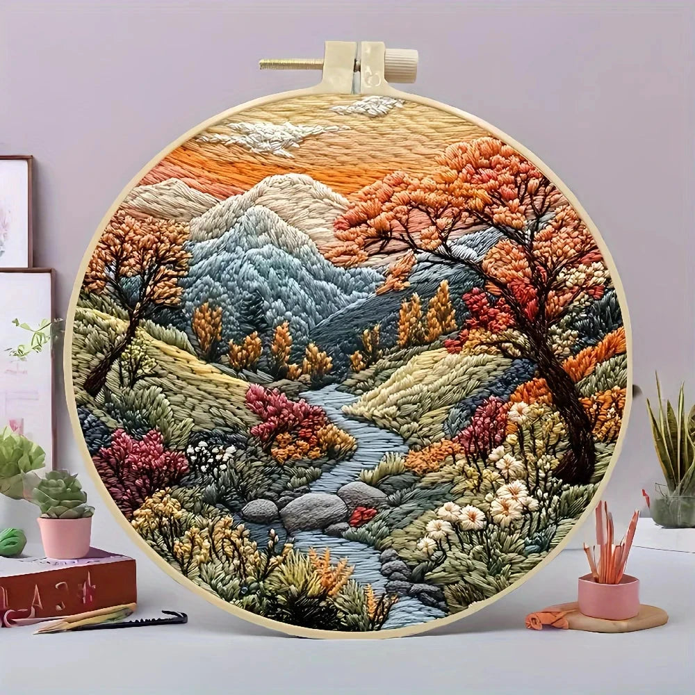 Beginners Hand Embroidery Kit - Mountain and Moon Landscape, Mixed Colors, Fabric Included - Perfect Handmade Gift Econic Blanks
