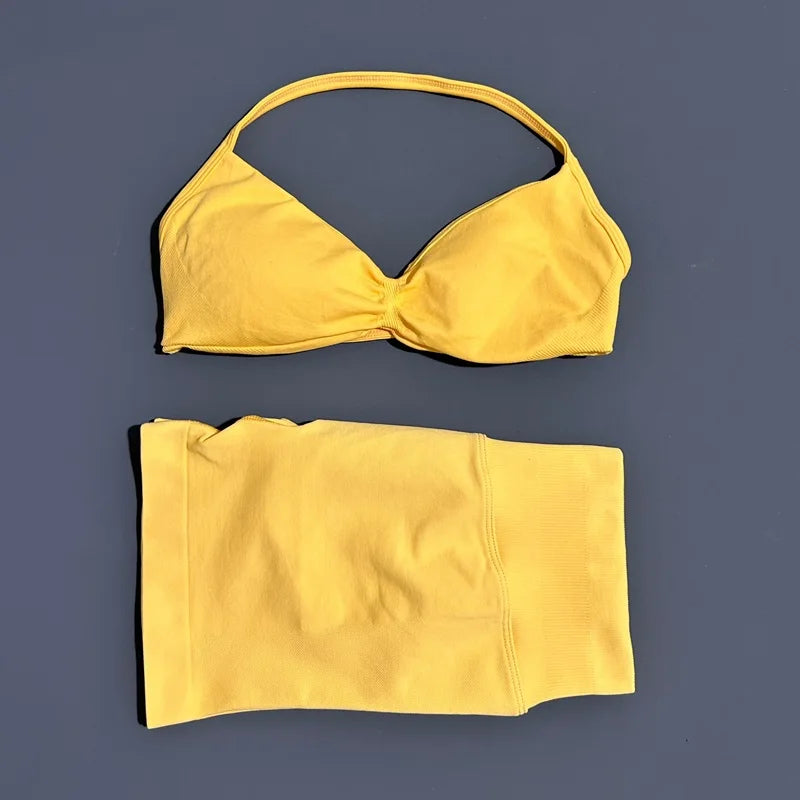 HISTELLO Gym Set 2 Piece Women Strappy Yoga Bra Top Workout Scrunch Shorts Sports Suit Fitness Clothes Seamless Yoga Set Quick Pick Grocers