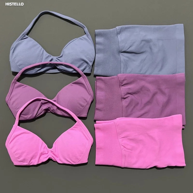 HISTELLO Gym Set 2 Piece Women Strappy Yoga Bra Top Workout Scrunch Shorts Sports Suit Fitness Clothes Seamless Yoga Set Quick Pick Grocers