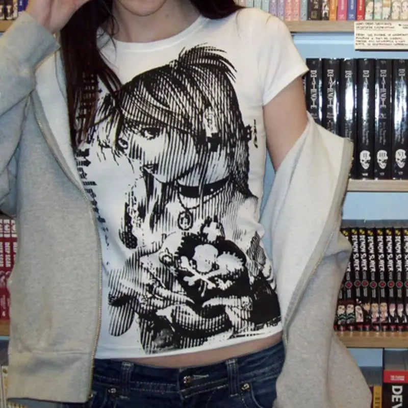 Y2k anime Streetwear O-neck 90s Text Printing Tops Women Harajuku Clothes Simple Vintage Crop Tee Aesthetic emo Casual T-shirt Quick Pick Grocers