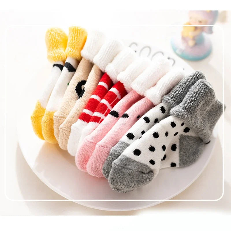 5 Pairs Autumn Winter Warm Strip Baby Sock Cute Cartoon Dot Thick Infant Floor Sock Soft Star Pattern Newborn Toddler Sock Purest Peak