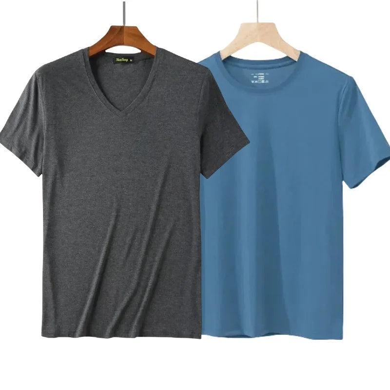 2 Packs Bamboo Fiber Round Neck T-shirts Short Sleeve Classic Tees Sweat-absorbent Gym Man Undershirt Solid Color Tee Black New Quick Pick Grocers