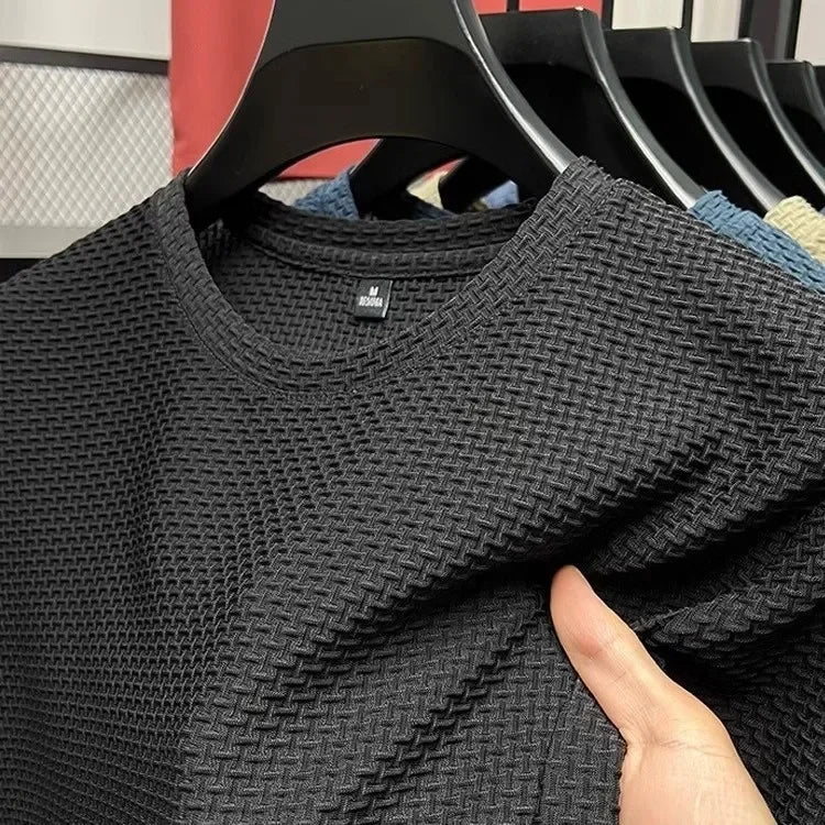 Men's Short Sleeve Mesh Bamboo Ice Silk T-shirt Casual Versatile Summer Elastic Slimming Top for Men Quick Pick Grocers