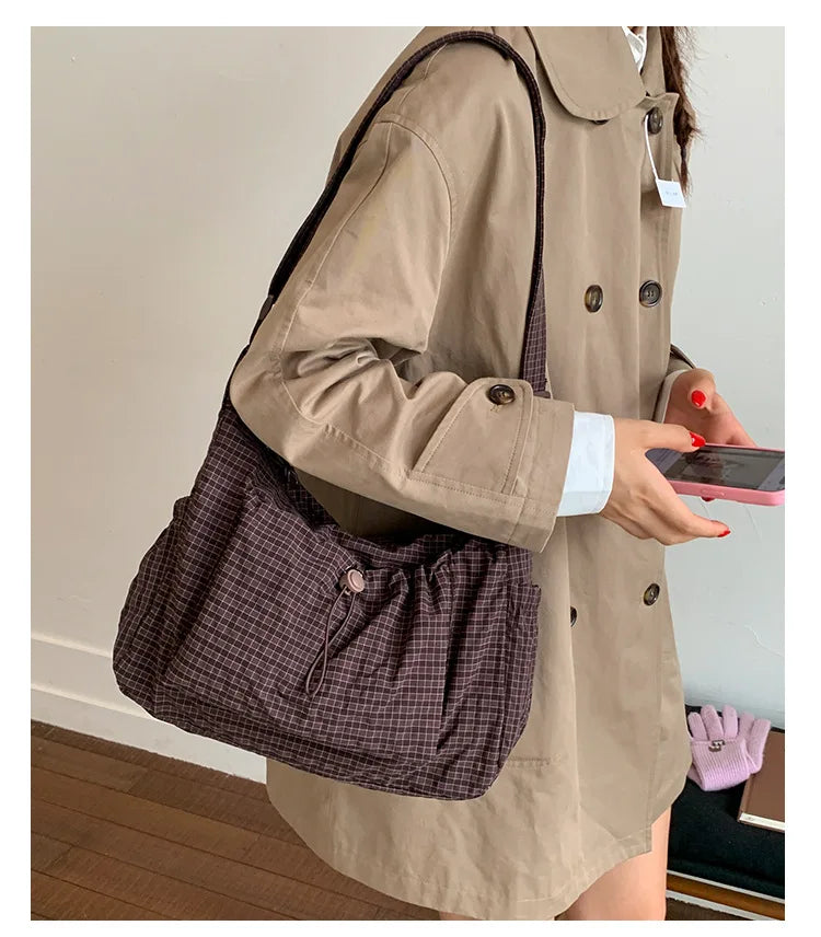 Korean Nylon Shoulder Bags Fashion Simple Plaid Zipper Tote Drawstring Pleated Cloud Bags New Commuter Crossbody Shoulder Bag Quick Pick Grocers