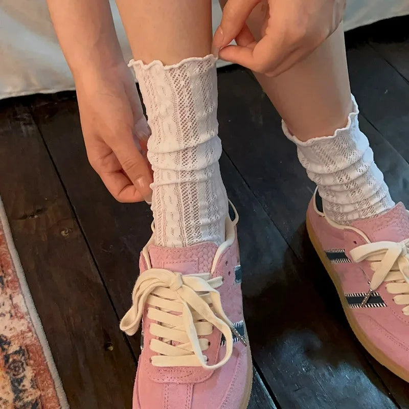 Japanese Kawaii Girls Cute Socks Spring Summer Mesh Hollow Out Women Socks Solid Color Female Harajuku Retro Vintage Long Socks Quick Pick Grocers