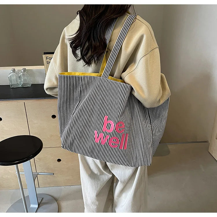 Casual Large Stripe Women's Shoulder Bag 2025 New Fashion Commuter Tote Bag High Capaci Canvas Handbag for Youth bolso mujer Quick Pick Grocers