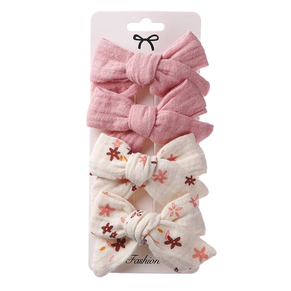 4Pcs/Set Baby Bows Hair Clips Muslin Girls Hairpins Hairclip For Kids Cotton Linen Barrette Flower Print Side Pin  Accessories Purest Peak