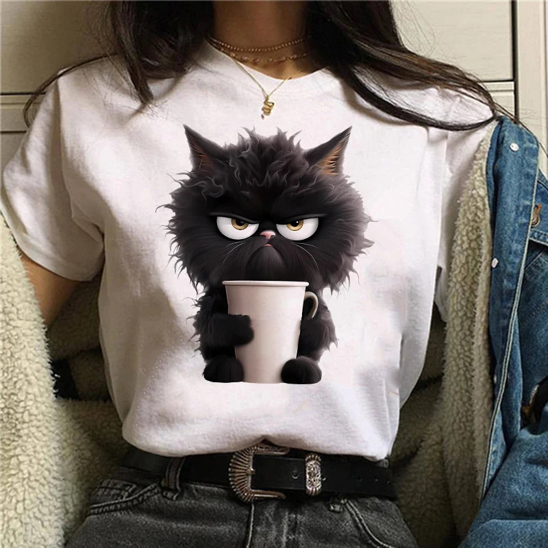 Funny Cat Women Summer White Print T-shirt Girl Casual Short Sleeve O Neck Top For Summer Female Animal Clothing Econic Blanks