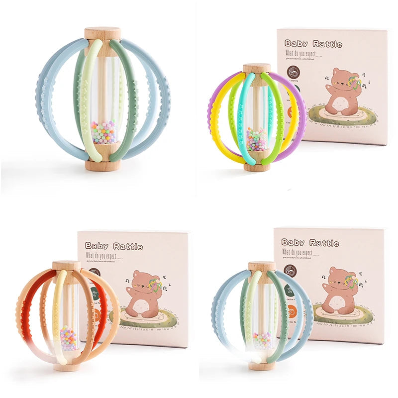 Baby Rattle Toy Wooden Rain Drum With Silicone Baby Sensory Touch Toy Newborn Dental Care Gum Anti-eating Hand Molar Stick Gif Purest Peak