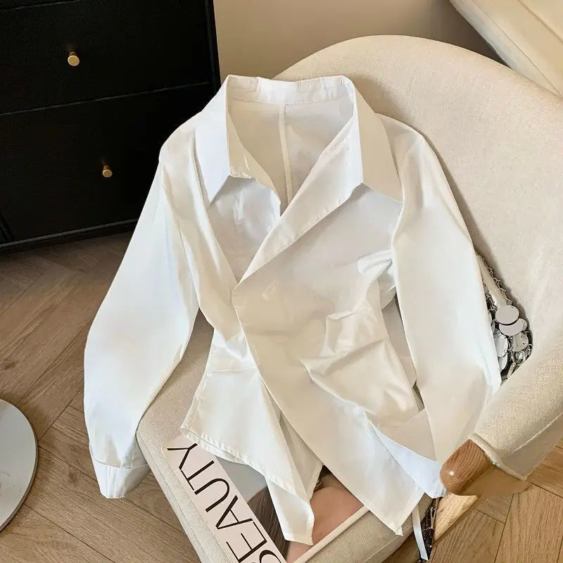 Designer Irregular Long sleeve Polo Shirt Women Tunic White Elegant Basic Top Blouse Ladies Fashion Work Wear Shirts Quick Pick Grocers