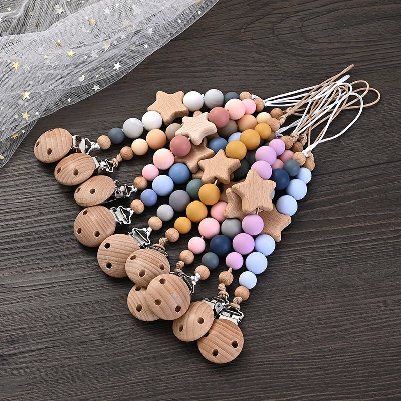 Baby Pacifier Chain Clips Wood Pentagram Teether Silicone Round Beads Teething Chain For Baby Care Soother Chew Toys Shower Gift Purest Peak