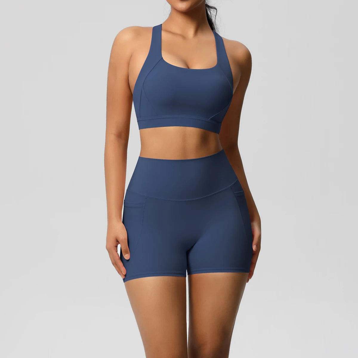 2PCS Sportswear With Pocketed Yoga Set Gym Clothes Yoga Suits For Women Tracksuits Sports Shorts Crossover Bra Gym Leggings Quick Pick Grocers