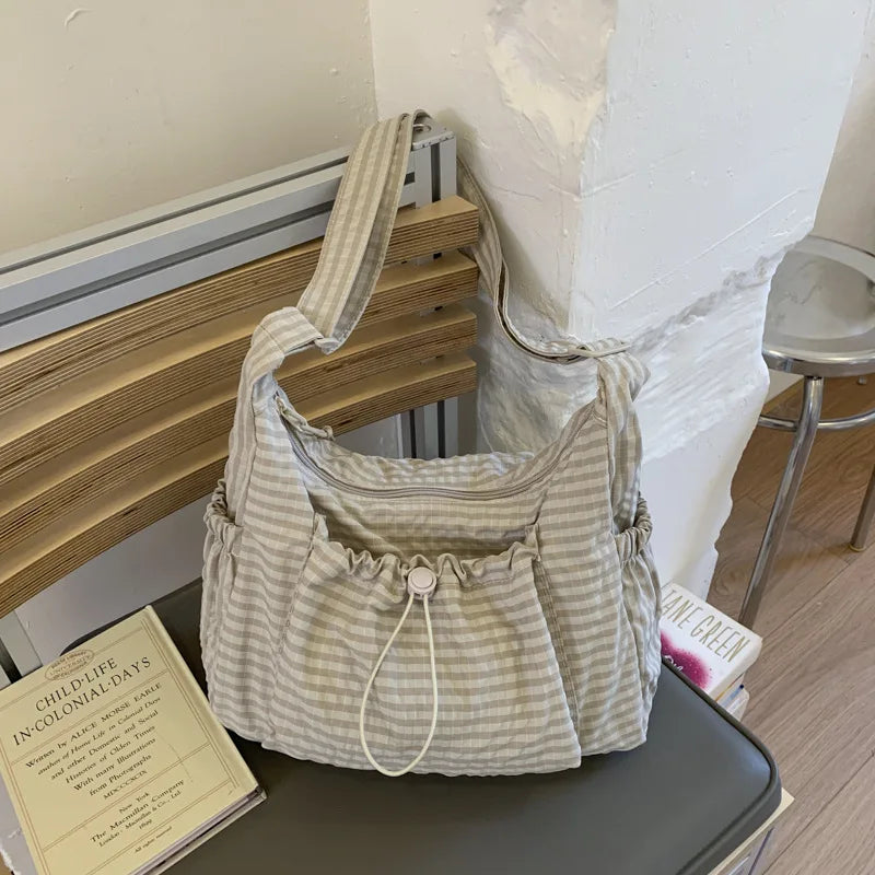 Korean Nylon Shoulder Bags Fashion Simple Plaid Zipper Tote Drawstring Pleated Cloud Bags New Commuter Crossbody Shoulder Bag Quick Pick Grocers