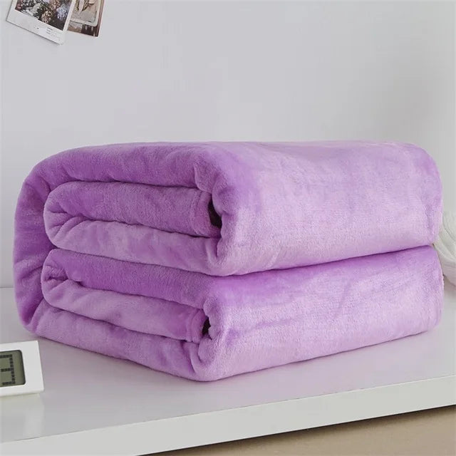 230GSM Coral Fleece Flannel Blankets For Beds Solid Blue Pink Soft Warm Thin Bedspread Sofa Cover Faux Fur Plaid Blanket Purest Peak