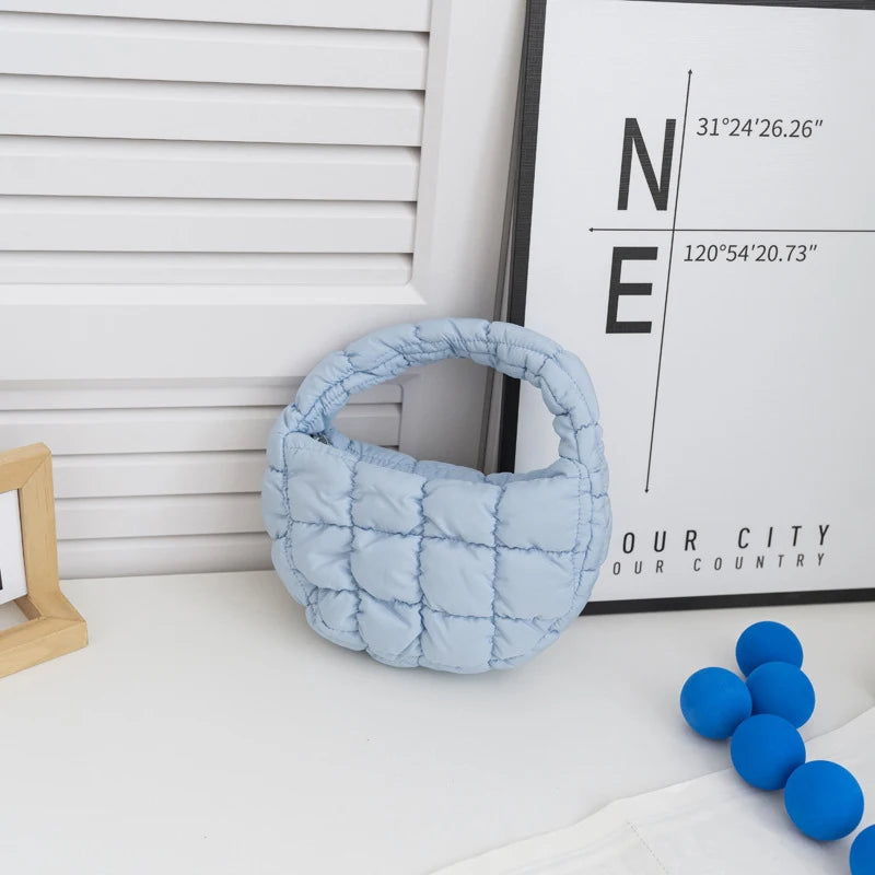 Fashion Mini Puffer Tote Bag Quilted Circle Phone Purse Elegant Purple Soft Nylon Padded Key Pouch Simple Trend Handbag Econic Blanks