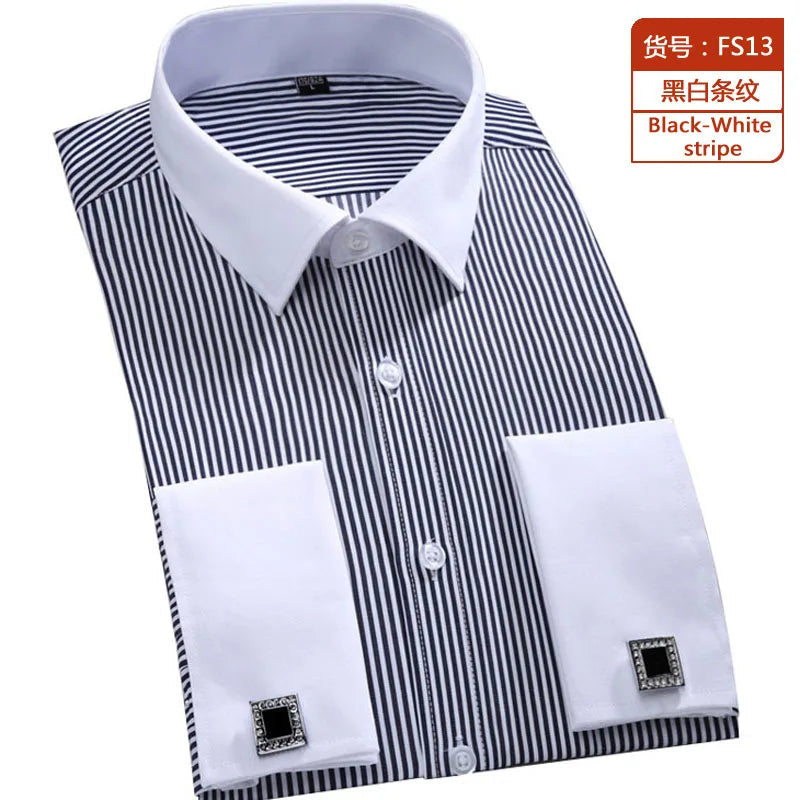 Men's Classic French Cuffs Social Dress Shirt Formal Business Standard-fit Long Sleeve Wedding Party Office Work White Shirts Quick Pick Grocers
