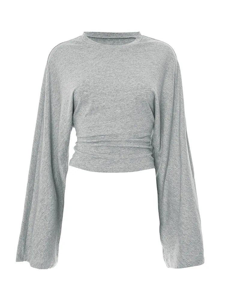 Women's Long Sleeve O-Neck Skinny T-Shirt Monochromatic Crop Top Casual Y2K Streetwear Fashion Pullover Summer Outfit Quick Pick Grocers