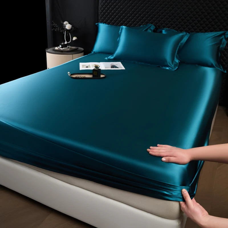Solid Color Fashion Satin Fitted Sheet Rayon Mattress Cover with Elastic Band Bed Sheet for Bedding 140x200 160x200 Quick Pick Grocers