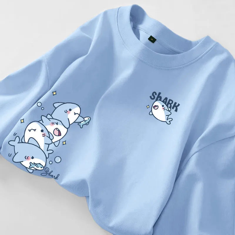 Cartoon Shark Print Simple Casual Loose Versatile Summer Short Sleeved T-shirt Quick Pick Grocers