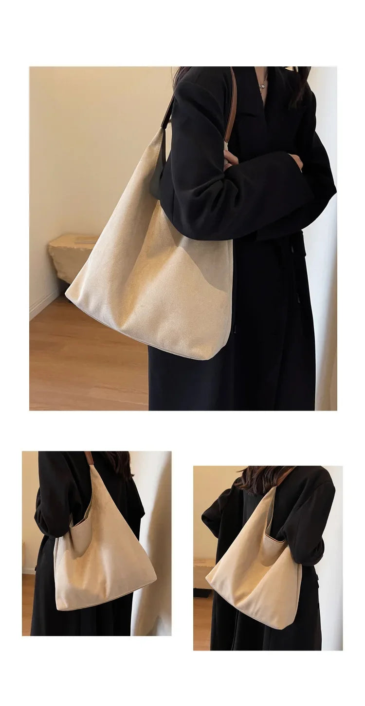 Autumn and Winter Vintage Women's Bag Large Capacity Suede Shoulder Bag Solid Color Simple Casual Commuter Bag Retro Handbags Quick Pick Grocers