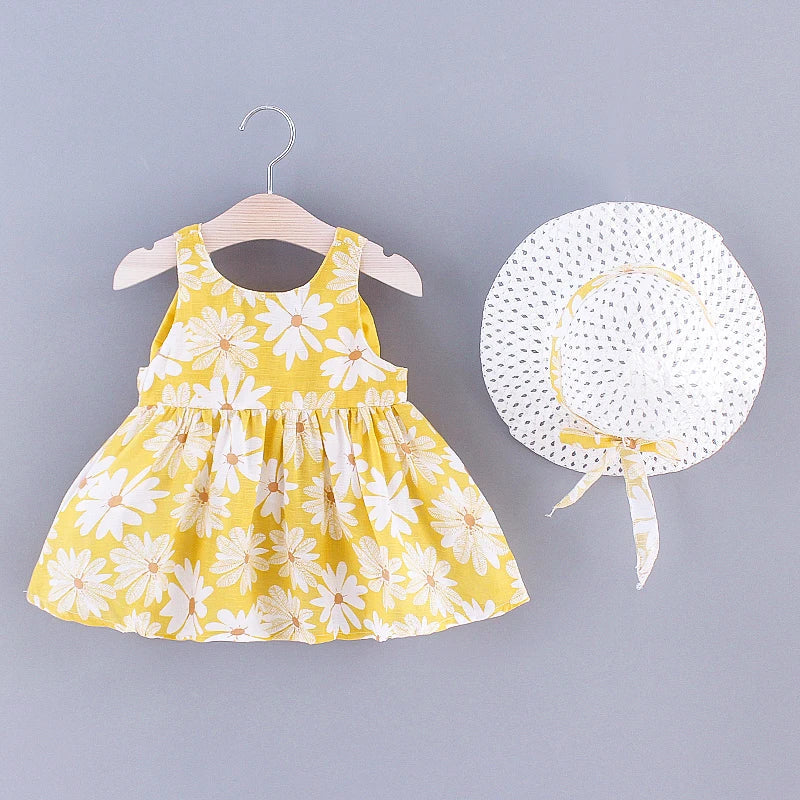 Baby Girl Dress Summer Bow And Full Print Daisy Pattern Suspender Beach Baby Dresses Cute Casual Baby Girl Clothes With Hat ﻿ Quick Pick Grocers