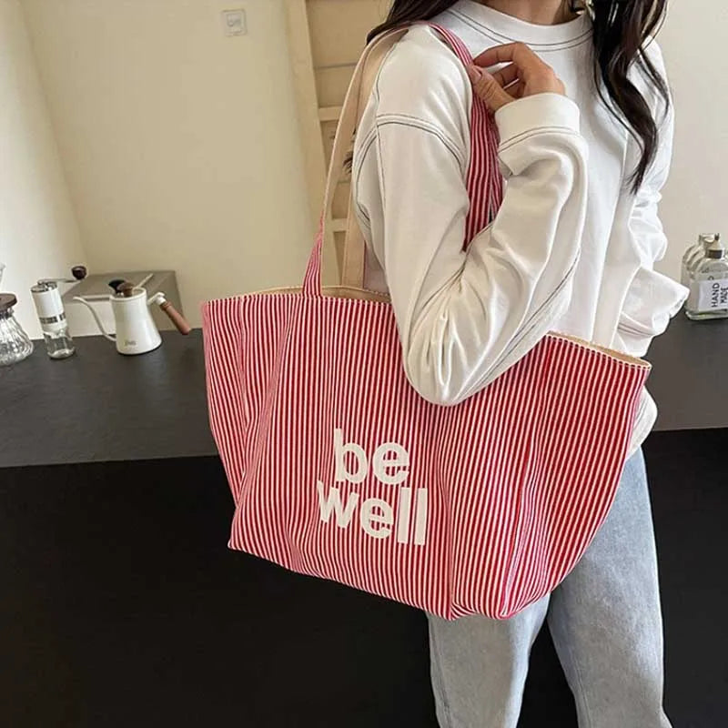 Casual Large Stripe Women's Shoulder Bag 2025 New Fashion Commuter Tote Bag High Capaci Canvas Handbag for Youth bolso mujer Quick Pick Grocers