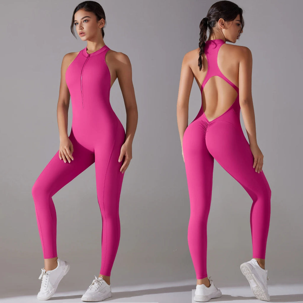 Sexy Hollow Backless Scrunch Sporty Jumpsuit Raises Butt Woman Gym Set One Piece Sport Suit Sleeveless Zip Yoga Fitness Overalls Quick Pick Grocers