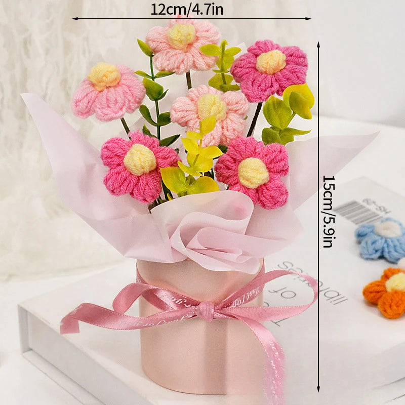Knitted Flower Bouquet Crochet Rose Flowers Hugging Bucket New Year Gifts Living Room Desk Decoration Mother's Day Gift Quick Pick Grocers