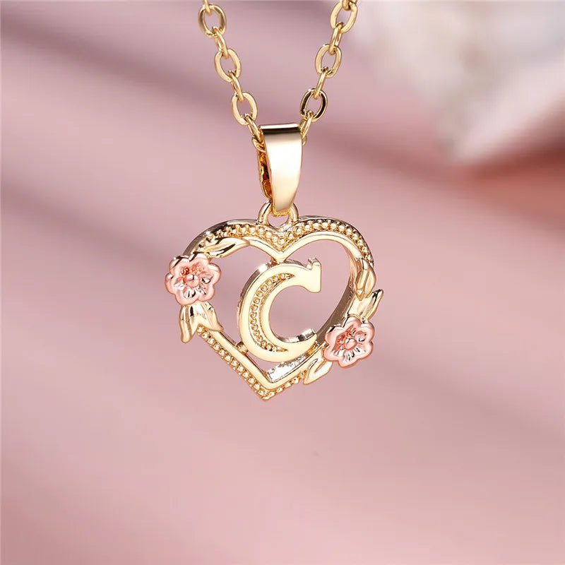 Female A-Z Letter Flower Pendant Necklace Yellow Gold Color Wedding Jewelry Gift For Women Quick Pick Grocers