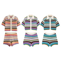 Women Patchwork Striped Hollow Out Crochet Knitted Crop Sweater Shorts Set Short Sleeve Polo Collar Sweater Knit Shorts Suit Y2K Quick Pick Grocers