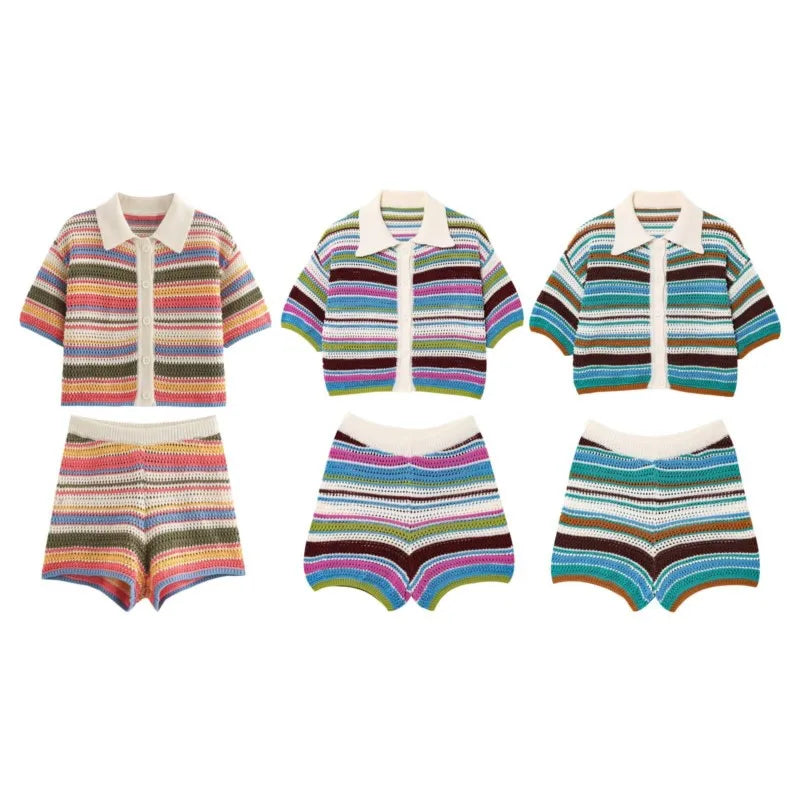 Women Patchwork Striped Hollow Out Crochet Knitted Crop Sweater Shorts Set Short Sleeve Polo Collar Sweater Knit Shorts Suit Y2K Quick Pick Grocers