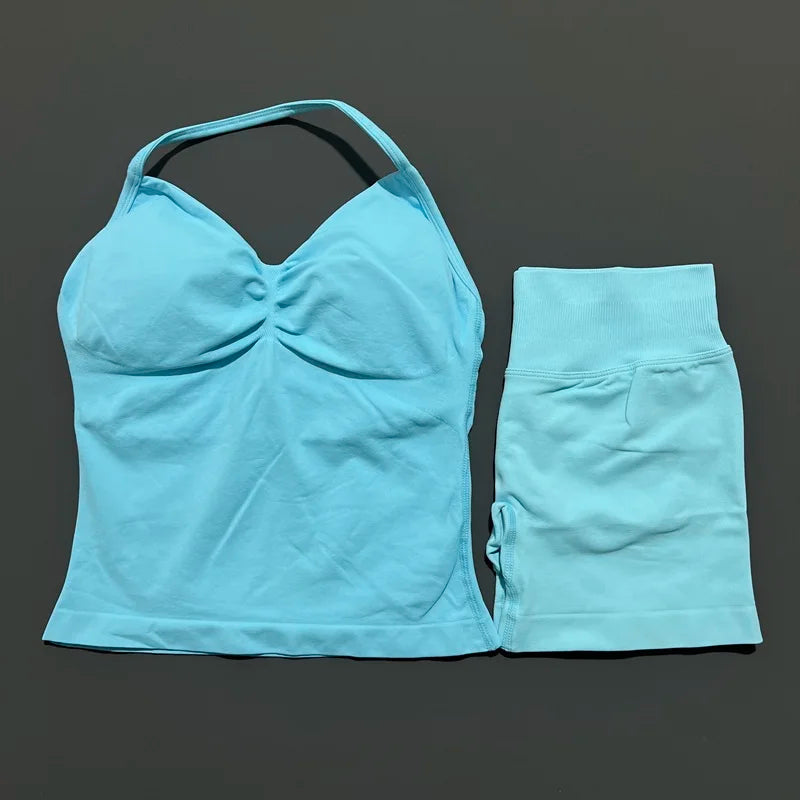 HISTELLO 2 Pieces Sports Set Women Yoga Longline Strap Top Scrunch Seamless Shorts Sport Gym Set Sportswear Workout Fitness Set Quick Pick Grocers