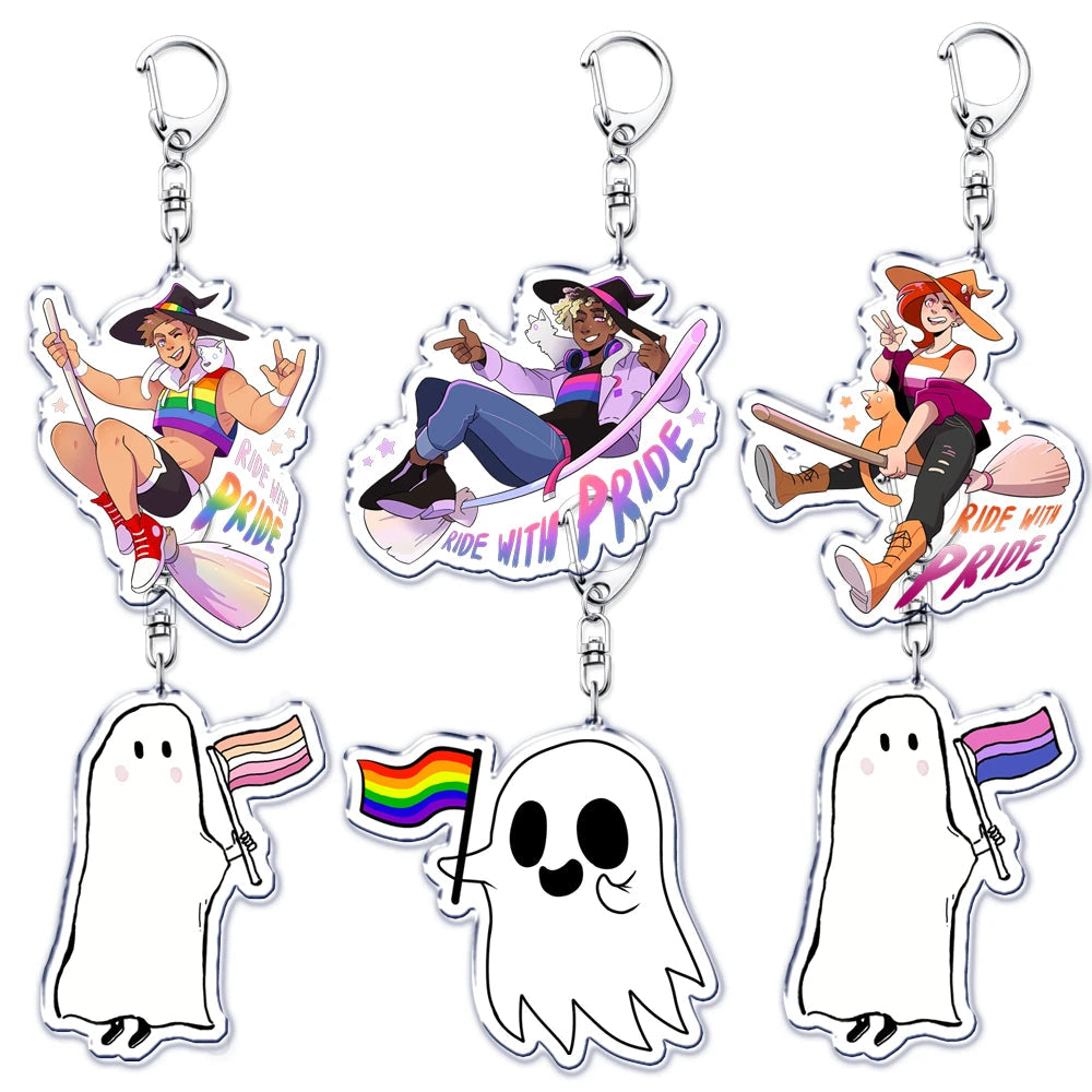 Cute Lgbt Halloween Keychain for Accessories Bag Gay Pride Lgbtq Spooky Ghost Lesbian Keyring Jewelry Rainbow Fans Friends Gifts Quick Pick Grocers