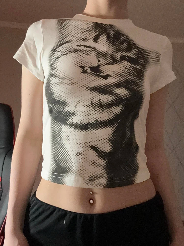 Harajuku Animal Print Crop Top Basic White Short Sleeve Crewneck T-shirt Women Casual Slim-fitting Tees Lady y2k Vintage Quick Pick Grocers