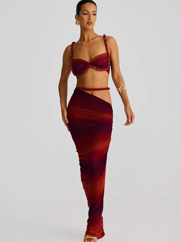 kliou Woven Sexy Women 2 Piece Set Stunning Hot Solid Pleated Crop Camisoles+High Waist Maxi Skirts Female Trend Vacation Outfit Quick Pick Grocers