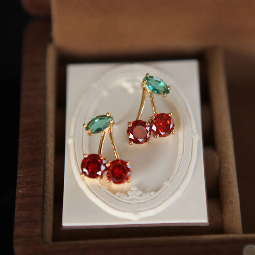 2024 Red Zircon Cherry Leaf Stud Earrings Women Piercing Jewelry For Fashion Crystal Dangle Party Prom Birthday Wedding Gifts Quick Pick Grocers