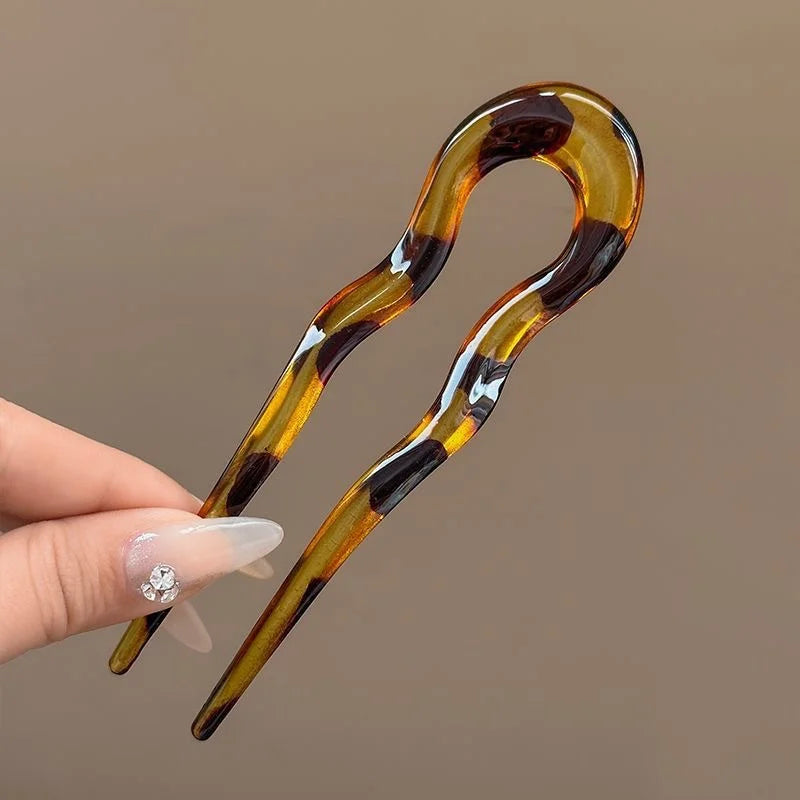 U-Shaped Hair Fork Fashion Tortoiseshell Acetate Acrylic Hairpin Geometric Headwear Hair Sticks Women Girls Hair Accessories Quick Pick Grocers