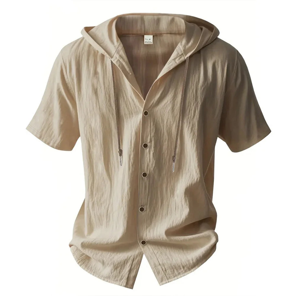 Cotton Linen Shirt for Men Hooded Short Sleeve Solid Color Breathable Lightweight Drawstring Design Shirts Casual Basic Tees Quick Pick Grocers