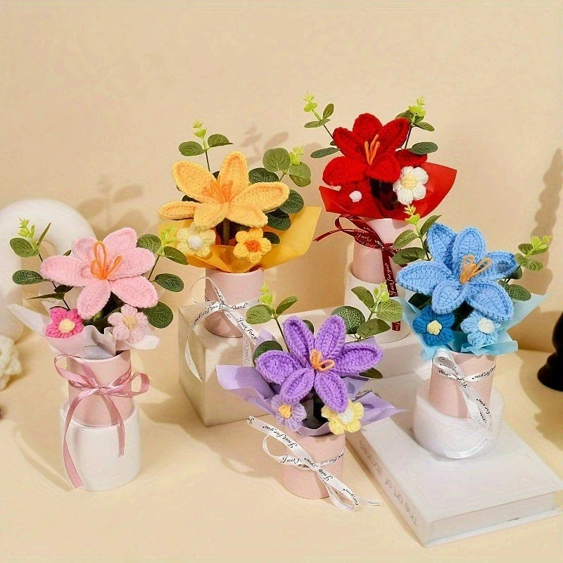 Knitted Flower Bouquet Crochet Rose Flowers Hugging Bucket New Year Gifts Living Room Desk Decoration Mother's Day Gift Quick Pick Grocers