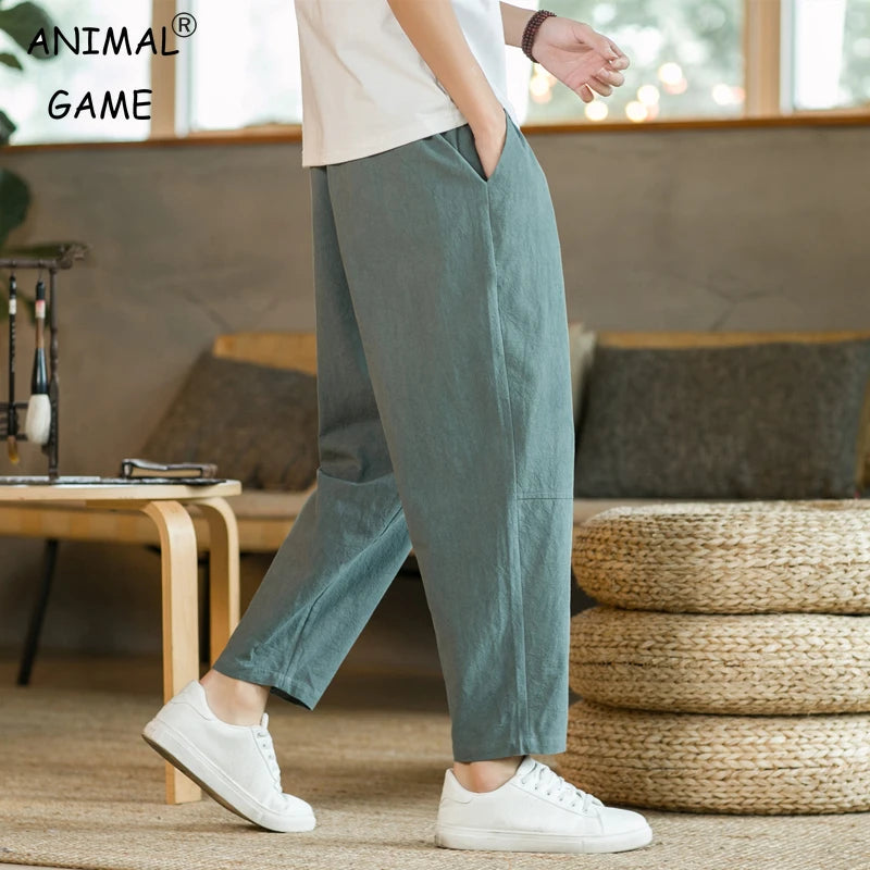 Men's Trousers Cotton Linen Fashion Casual Pants Solid Color Breathable Loose Shorts Straight Drawstring Pants Streetwear Men Quick Pick Grocers