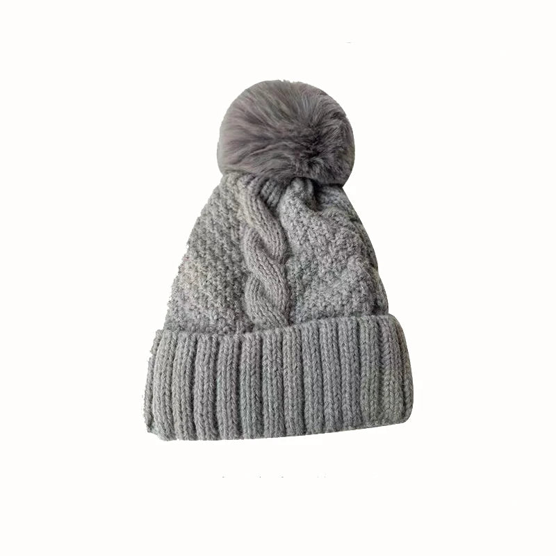 New Winter Twist Knitting Hat For Women Fur Pompom Thick Plush Cap Beanie Solid Color Ladies Warm Ski Snow Skullies Beanies Purest Peak