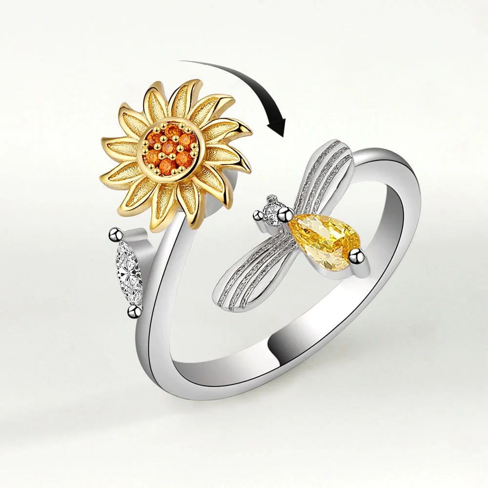 VENTFILLE 925 Sterling Silver Sunflower Diamond Zircon Rotatable Ring For Women Gift Relieve Stress Ring Jewelry Wholesale Quick Pick Grocers