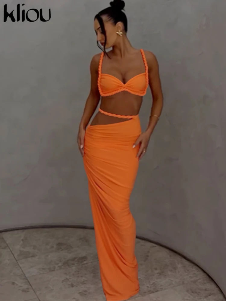 kliou Woven Sexy Women 2 Piece Set Stunning Hot Solid Pleated Crop Camisoles+High Waist Maxi Skirts Female Trend Vacation Outfit Quick Pick Grocers